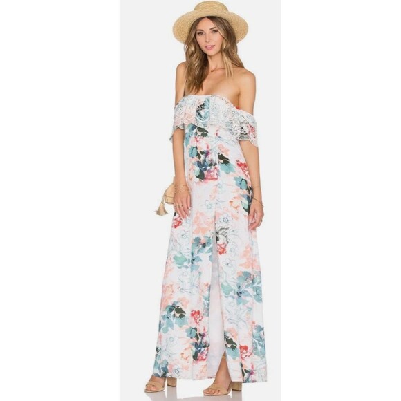 Lovers Friends Revolve Anemone Maxi Dress Medium Floral Off Shoulder Preppy Boho - Picture 1 of 11